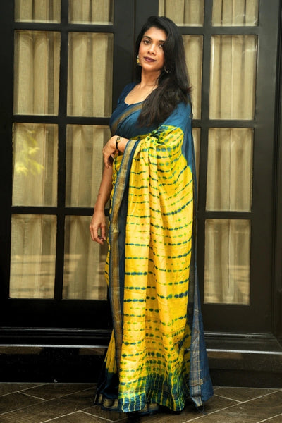 Maheshwari Silk Cotton Leheriya Tie-Dye Saree - Mustard Yellow & Deep Blue