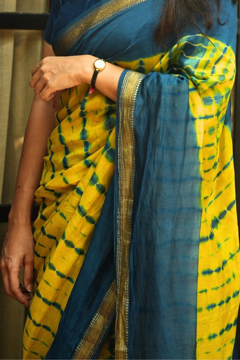 Maheshwari Silk Cotton Leheriya Tie-Dye Saree - Mustard Yellow & Deep Blue