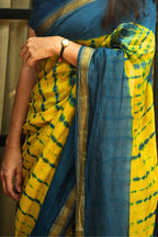 Maheshwari Silk Cotton Leheriya Tie-Dye Saree - Mustard Yellow & Deep Blue