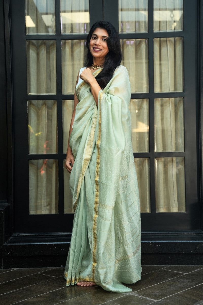 Maheshwari Silk Cotton Hand Block Printed Saree - Sage Green & Gold