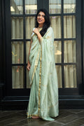Maheshwari Silk Cotton Hand Block Printed Saree - Sage Green & Gold
