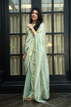 Maheshwari Silk Cotton Hand Block Printed Saree - Sage Green & Gold