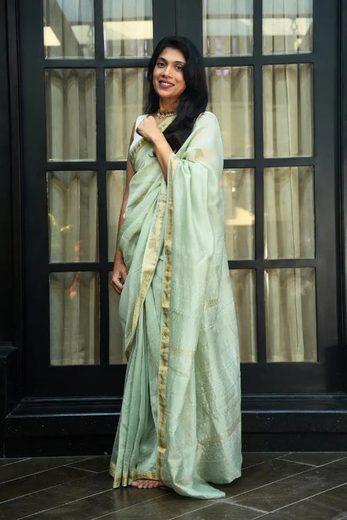 Maheshwari Silk Cotton Hand Block Printed Saree - Sage Green & Gold_1