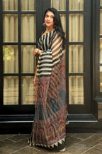 Kota Doria Bagru Printed Saree – Black, Ivory, Rust & Indigo