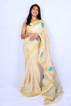 Ivory and blue Phulia handloom khadi cotton saree with floral motifs and yellow-gold border Noolagam
