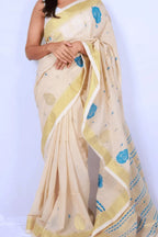 Ivory and blue Phulia handloom khadi cotton saree with floral motifs and yellow-gold border Noolagam_2