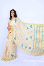 Ivory and blue Phulia handloom khadi cotton saree with floral motifs and yellow-gold border Noolagam_3