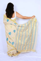 Ivory and blue Phulia handloom khadi cotton saree with floral motifs and yellow-gold border Noolagam_4
