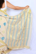 Ivory and blue Phulia handloom khadi cotton saree with floral motifs and yellow-gold border Noolagam_5