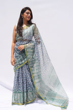 Indigo Mist Kota Doria Hand Block Printed Saree – Indigo, Sage & Ivory