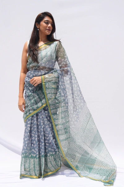Indigo Mist Kota Doria Hand Block Printed Saree – Indigo, Sage & Ivory