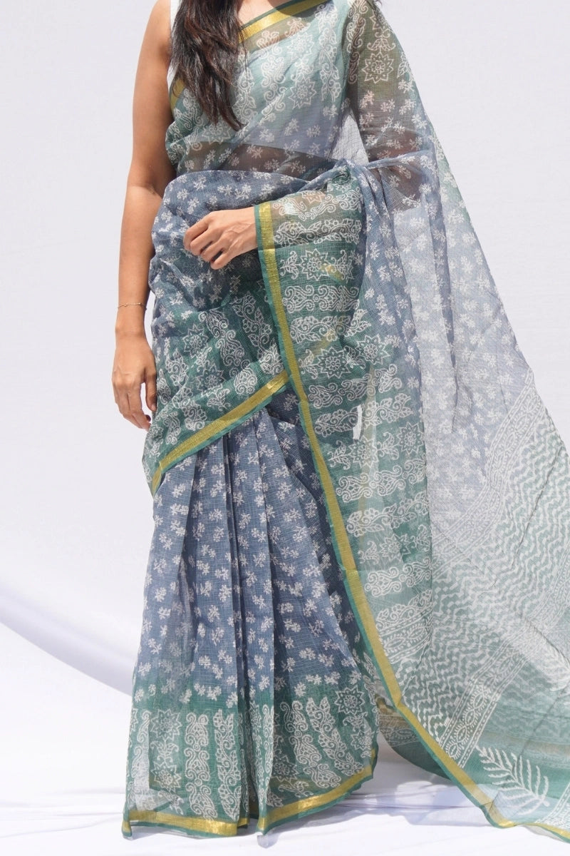 Indigo Mist Kota Doria Hand Block Printed Saree – Indigo, Sage & Ivory