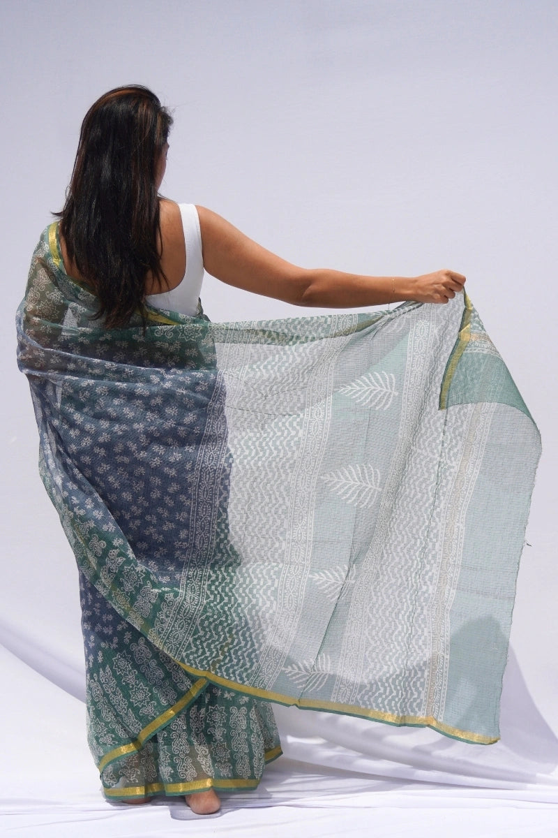 Indigo Mist Kota Doria Hand Block Printed Saree – Indigo, Sage & Ivory