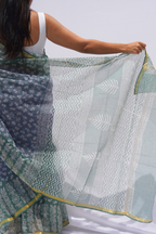Indigo Mist Kota Doria Hand Block Printed Saree – Indigo, Sage & Ivory