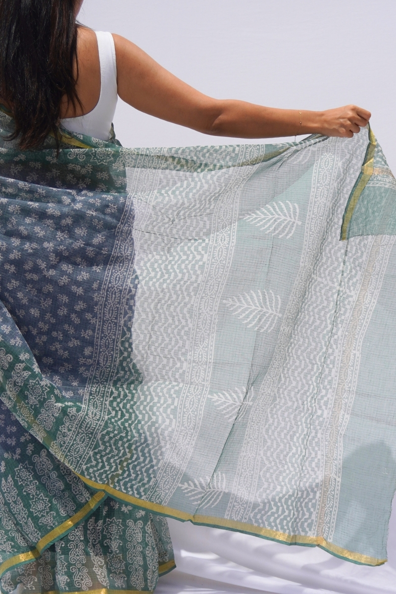 Indigo Mist Kota Doria Hand Block Printed Saree – Indigo, Sage & Ivory