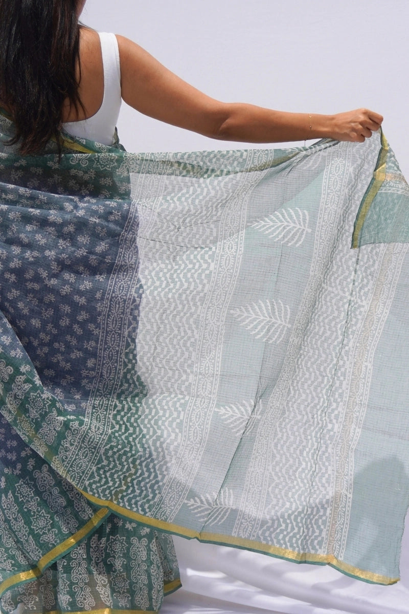 Indigo Mist Kota Doria Hand Block Printed Saree – Indigo, Sage & Ivory