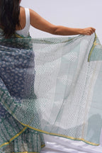 Indigo Mist Kota Doria Hand Block Printed Saree – Indigo, Sage & Ivory