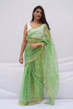 Spring Meadow Kota Doria Hand Block Printed Saree – Mint Green & Ivory