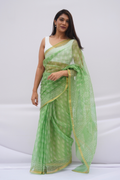 Spring Meadow Kota Doria Hand Block Printed Saree – Mint Green & Ivory