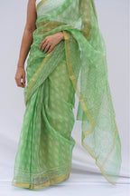 Spring Meadow Kota Doria Hand Block Printed Saree – Mint Green & Ivory