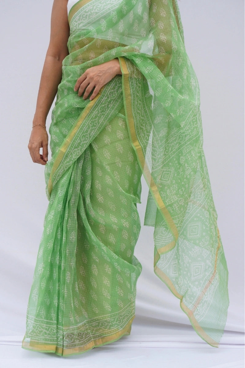 Spring Meadow Kota Doria Hand Block Printed Saree – Mint Green & Ivory