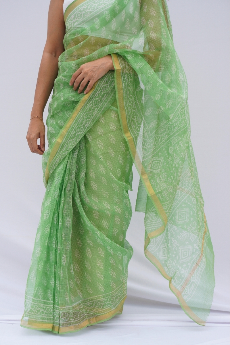 Spring Meadow Kota Doria Hand Block Printed Saree – Mint Green & Ivory