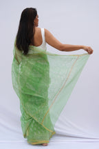 Spring Meadow Kota Doria Hand Block Printed Saree – Mint Green & Ivory