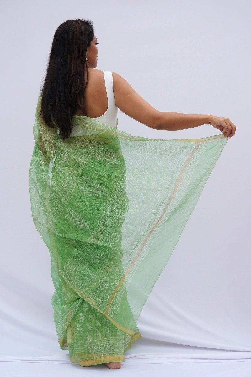 Spring Meadow Kota Doria Hand Block Printed Saree – Mint Green & Ivory