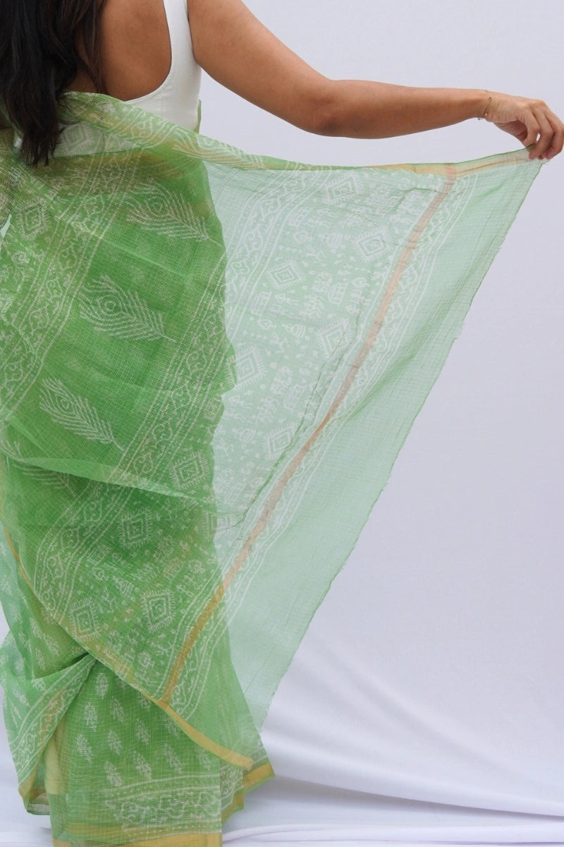 Spring Meadow Kota Doria Hand Block Printed Saree – Mint Green & Ivory
