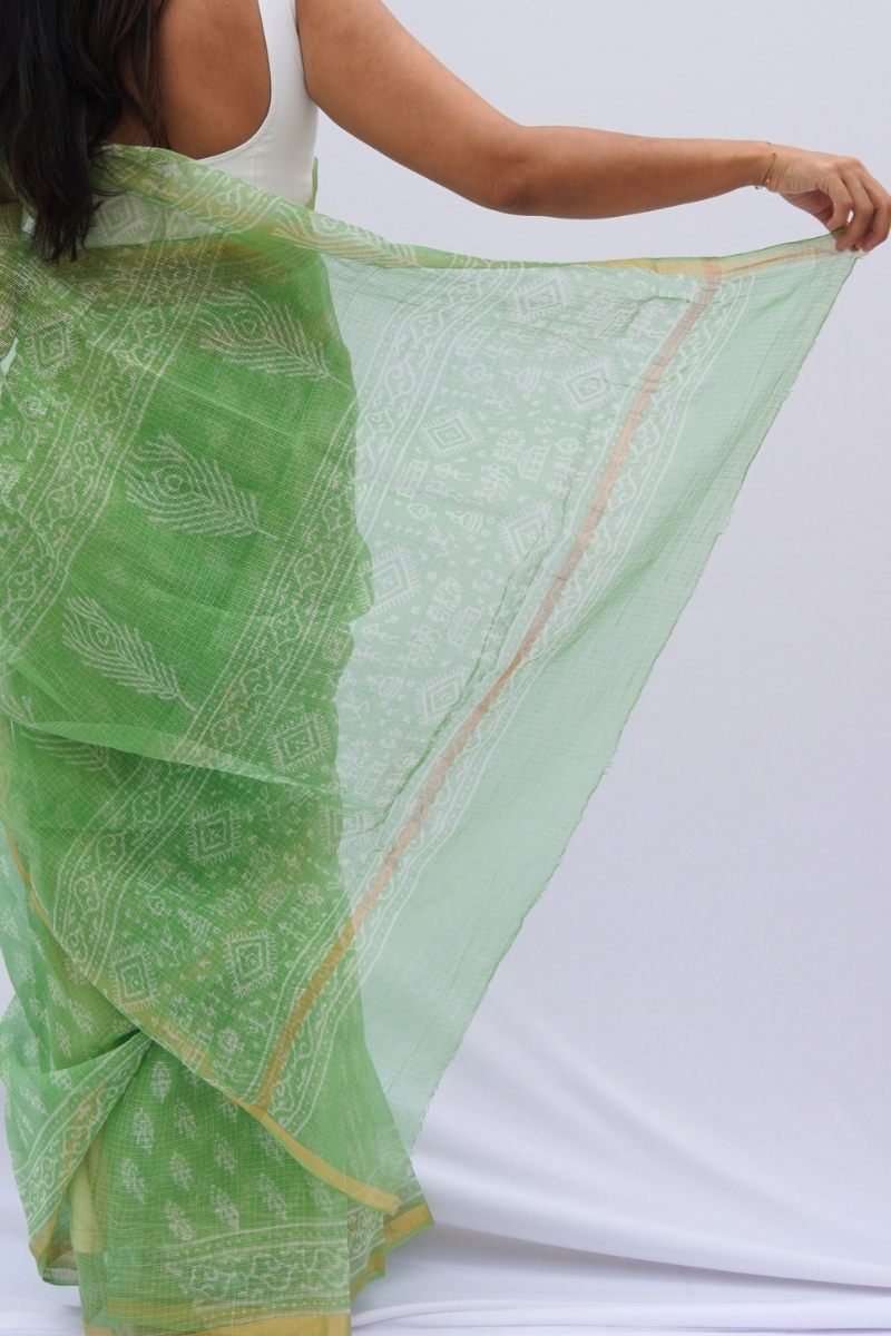 Spring Meadow Kota Doria Hand Block Printed Saree – Mint Green & Ivory