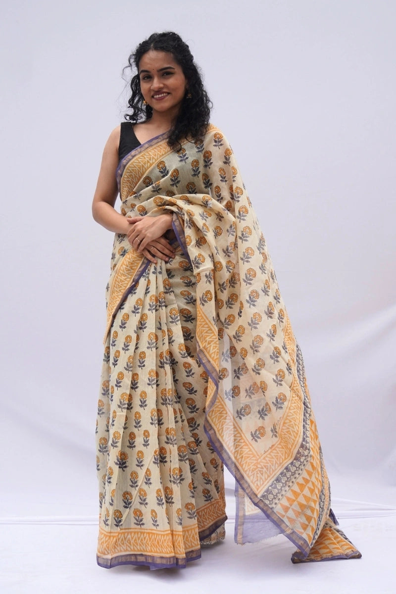 Chanderi Silk Cotton Block Printed Saree – Ivory, Mustard & Indigo