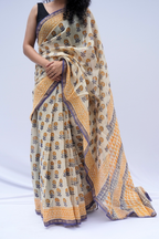 Chanderi Silk Cotton Block Printed Saree – Ivory, Mustard & Indigo