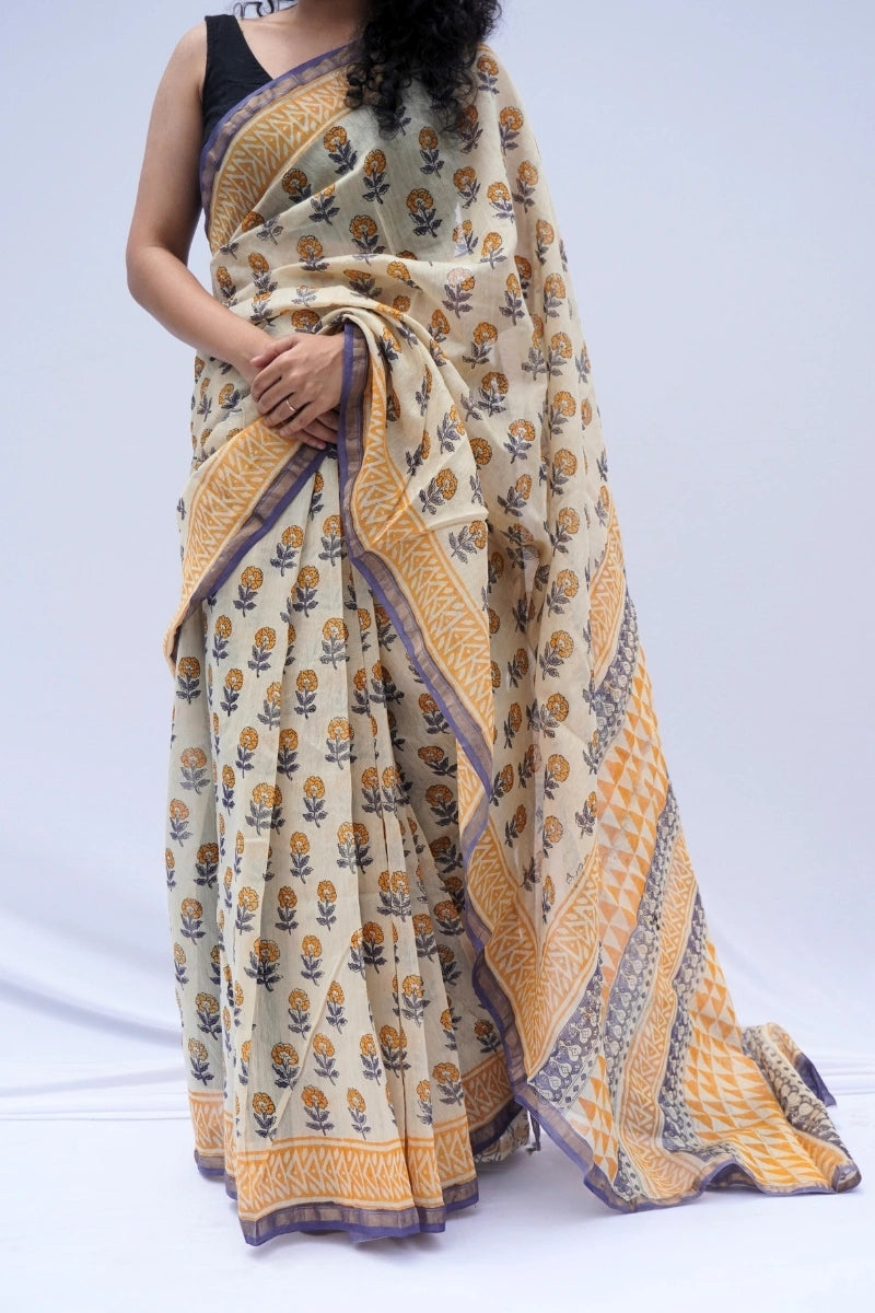 Chanderi Silk Cotton Block Printed Saree – Ivory, Mustard & Indigo