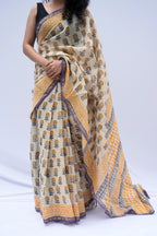 Chanderi Silk Cotton Block Printed Saree – Ivory, Mustard & Indigo