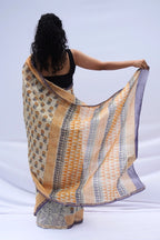 Chanderi Silk Cotton Block Printed Saree – Ivory, Mustard & Indigo