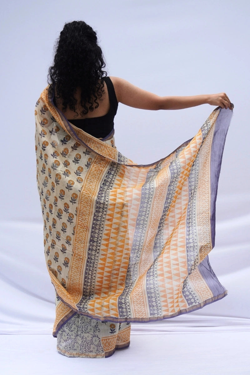 Chanderi Silk Cotton Block Printed Saree – Ivory, Mustard & Indigo