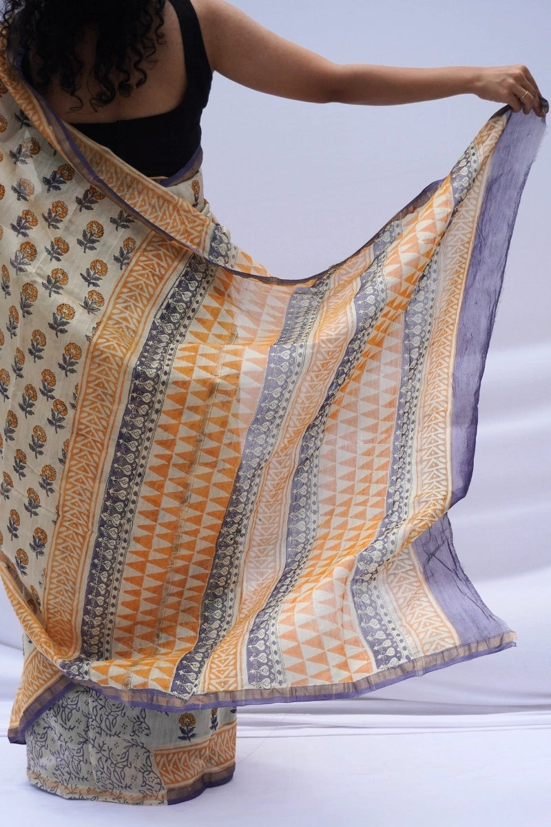Chanderi Silk Cotton Block Printed Saree – Ivory, Mustard & Indigo