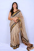 Maheshwari cotton silk saree in Beige & Black Stripes with Bagru hand block print — Noolagam