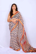 Maheshwari cotton silk saree in Beige & Indigo Stripes with Bagru hand block print — Noolagam