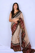 Maheshwari cotton silk saree in Beige, Maroon & Black with Bagru hand block print — Noolagam