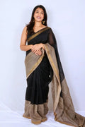 Maheshwari cotton silk saree in Black & Beige with Bagru hand block print — Noolagam