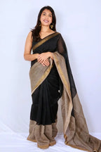 Maheshwari cotton silk saree in Black & Beige with Bagru hand block print — Noolagam