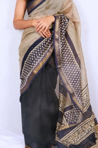 Maheshwari cotton silk saree in Black Floral Border with Bagru hand block print — Noolagam_2