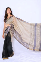 Maheshwari cotton silk saree in Black Floral Border with Bagru hand block print — Noolagam_3
