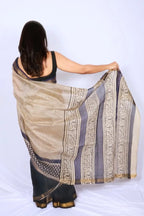 Maheshwari cotton silk saree in Black Floral Border with Bagru hand block print — Noolagam_4