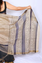 Maheshwari cotton silk saree in Black Floral Border with Bagru hand block print — Noolagam_5
