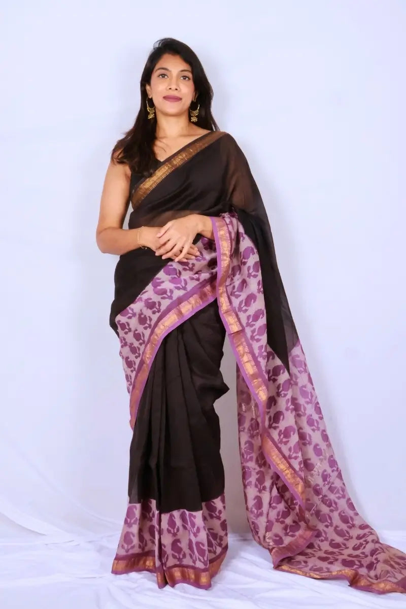 Maheshwari cotton silk saree in Black & Lilac with Bagru hand block print — Noolagam