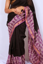 Maheshwari cotton silk saree in Black & Lilac with Bagru hand block print — Noolagam_2