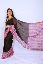 Maheshwari cotton silk saree in Black & Lilac with Bagru hand block print — Noolagam_3