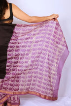 Maheshwari cotton silk saree in Black & Lilac with Bagru hand block print — Noolagam_5